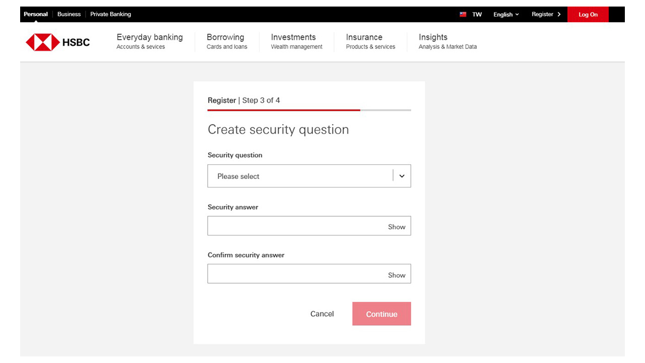 Security question creation page