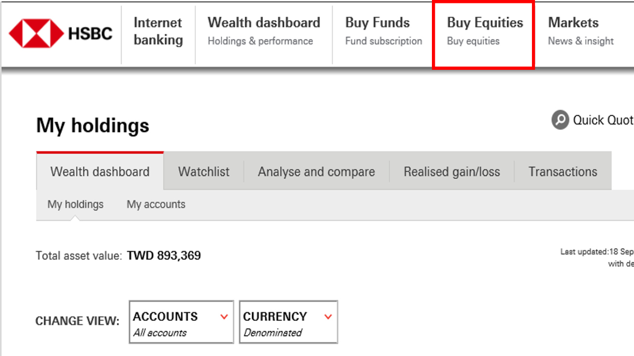 Click Buy Equities; image used for HSBC Taiwan i-Invest for online trading page.