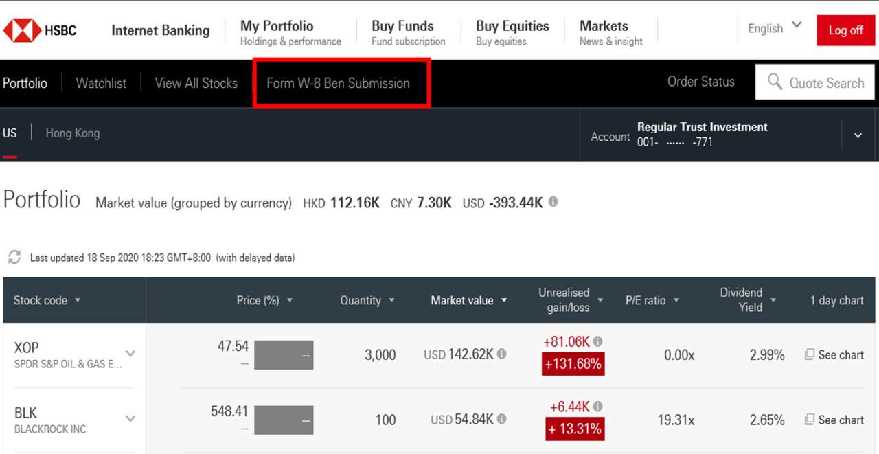 Click Form W-8 Ben Submission; image used for HSBC Taiwan i-Invest for online trading page.